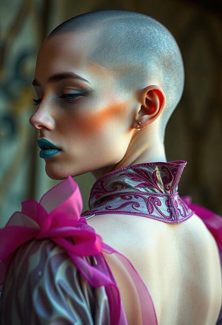 human sorceress, ((((fully shaved head)))), pale, subtle eyeshadow, teal lips, silver and magenta gown, ((fantasy art)), ((sensual)), ((high fantasy)), colourful, magic,
, rear projection, pastel color grading, low-angle shot