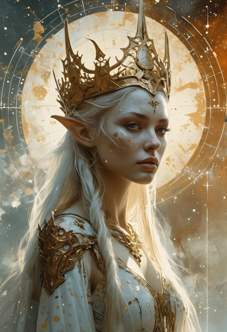 the beautiful and ethereal elven high queen, like a beaurtiful and awe-inspiring portrait made at the height of the elven empire, detailed, high resolution, eerie, atmospheric, foreboding (in the style of Luis Royo painting) Dean Cornwell, design, 1970s, Russian Constructivist style, double exposure, volumetric lighting, expressive, ancient starchart, ink spattered background, warm colors, space, art deco, splatter, Japanese Woodblock print, planar rectilinear shapes, extreme energy, dynamic posing, Dutch angle, white, golden, ethereal