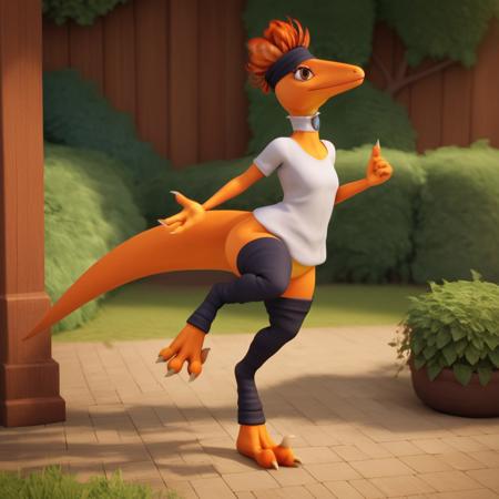 dtmrsconductor, feral, female, Troodon, Theropod, orange skin, feather hair, dinosaur white shirt, headband, leg warmers red hat