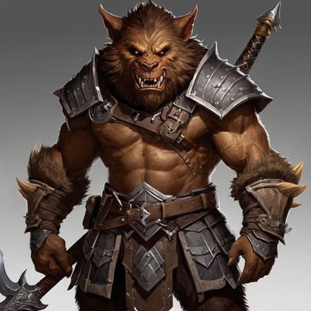create an image of a young adult bugbear (from dnd 5e) with dark ruddy brown fur covering most of his body of light tan skin. His facial features are very angular, 
sharp, 
and goblin-like and can be very intimidating despite his efforts in smiling to appear otherwise. Incredibly strong build with disproportionately long arms. Wearing steel splint armor and wielding an adamantine glaive.