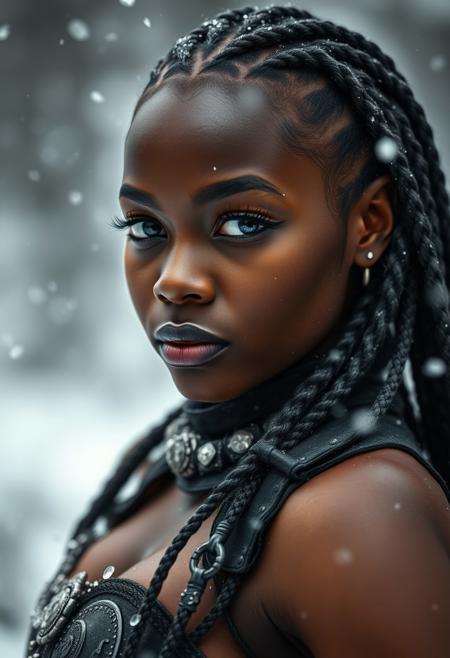 Photo-shoot, of a sexy young beautiful  Congolese model with Sculpted and graceful body , ( Classic Hollywood makeup style) ( Tight French braid hairstyle , Gunmetal gray hair_color ) (barbarian iron armour) , Blizzard conditions weather , TTL lighting, shot with Sony Alpha A9 Mirrorless camera,  dynamic angle, cinematic, Depth of field, bokeh, best_quality, cinematic, light particles, highly_detailed, very_aesthetic, beautiful_and_aesthetic, top_quality, hyperrealistic, photorealistic, ultra detail, curves, sexy,  Ultra realistic, masterpiece. 8k, HDR,absurd_res, hi_res, detailed face, highly detailed, very aesthetic, Cinematic, absurdres, RAW, source_photo, high quality photography, ,realistic, real life,