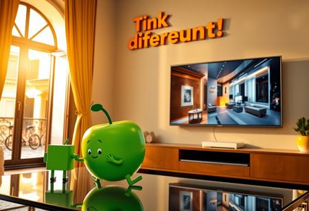 "In a stylish Italian apartment, a cartoonish green apple with expressive eyes, simple arms, and legs sits on a sleek glass coffee table, watching a high-tech OLED TV mounted on the wall. The TV plays an Apple computer commercial in vivid 4K, showcasing sleek and futuristic product designs. Golden sunlight spills through an arched window, casting a warm glow across the room, with a view of cobblestone streets and terracotta rooftops.
Next to the apple stands the iconic Android logo robot—a small, green, smooth-bodied droid with antennae and rounded limbs. The droid’s simple, friendly design contrasts with the apple’s glossy, cartoonish appearance. They both face the TV, seemingly captivated by the tech commercial, with the apple leaning forward in excitement and the Android robot standing calmly beside it.
Above the TV, a brightly colored cardboard sign reads 'Think Different!' in a mix of Renaissance-inspired and modern typography. The sign is intricately laser-cut and backlit with soft LEDs, casting dynamic shadows on the stucco wall. The room combines classic Italian design—exposed brick and wooden beams—with cutting-edge technology like smart lighting and rotating digital art displays. The cartoonish green apple and the iconic Android robot perfectly embody the playful blend of tech innovation and timeless Italian charm."