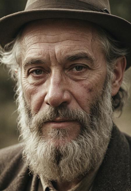 Hanalogital, film highlights, old man with beautiful beard face close-up, realism, epic world, faded film, desaturated, old photo, award winner photo, 35mm photo, grainy, vignette, vintage, lomography, stained, highly detailed, found footage, highly detailed, volumetric, dramatic lighting