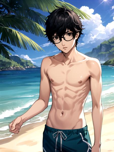 masterpiece, best quality, 1boy, solo, male focus, dsren, black hair, short hair, black eyes, glasses, topless male, swim trunks, standing, outdoors, beach, day, lens flare, detailed background
 <lyco:dsjoker-v2_lc_768:1> <lyco:p5-anime_style_lc:0.65>