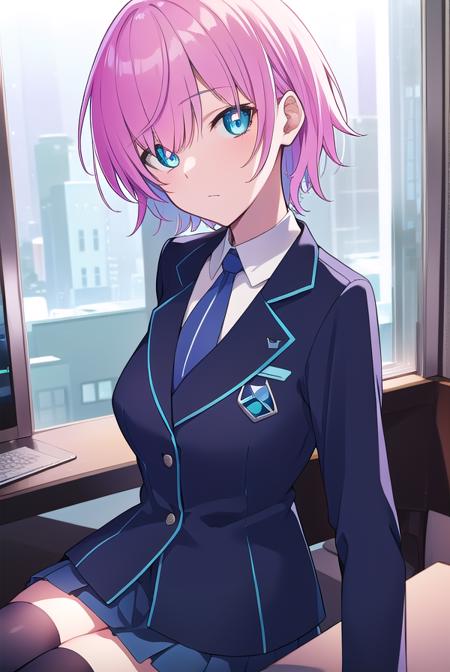 riri yuuhi, aqua eyes, pink hair, short hair, blue footwear, blue jacket, buttons, jacket, long sleeves, miniskirt, necktie, school uniform, skirt, thighhighs, zettai ryouiki