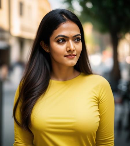 aparna, black long hair, wearing yellow t-shirt and white jeans, street of rome, (big breasts:1. 2), solo, detailed face, symmetrical, cute, lips, bright eyes, realistic pupils, looking away, standing, subsurface dispersion, detailed skin, mid-thigh, table, detailed background, objects, realistic proportions, blush, masterpiece, best quality, realistic, hyperrealistic, sharp focus, SFW, detailed skin, detailed eyes, realistic eyes, canon eos r3, detailed face, (TungstenDispo: 1. 2), raw photo, bold, bright colors, dslr, dramatic lighting, high quality, film grain, Fujifilm XT3, (strong backlight:1.1), analog style (liminal space), by Tadao Ando, (freckles and moles and skin pores:0.8)<lora:Aparna:1>