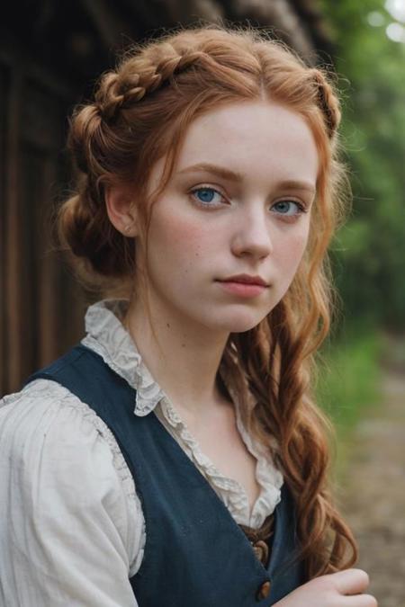 full shot photography of a pretty ginger irish girl, in the 18th century, blue eyes, messy victorian updo hairstyle, curly locks of hair pending over her shoulders, wearing a dirty filthy ragged used pirate outfit, looking around her, detailed face, detailed hands, indecent dynamic pose, smug expression, outside a tavern in an indonesian rustic fisher village, exquisite natural backlighting, dim light, rim light, low key, soft shadows, depth of field, photorealistic, analog film grain, rule of thirds, golden number, 8K, masterpiece