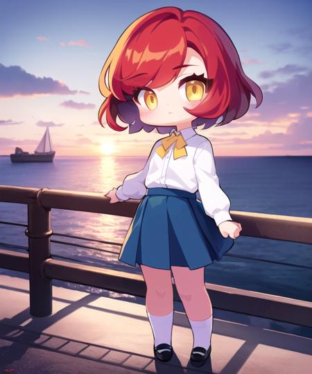 masterpiece, best quality, <lora:GT640V1:0.7>, chibi, 1girl, red hair, short hair, bangs, yellow eyes, white collared shirt, blue skirt, looking at viewer, full body, iron fence, sidewalk, sunset, ocean, cloud, boats