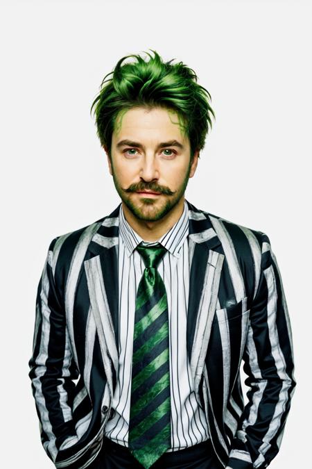 Beetlejuice Slime Tutorial,  1boy,  beard,  collared shirt,  facial hair,  formal,  green eyes,  green hair,  head tilt,  jacket,  looking at viewer,  male focus,  mustache,  necktie,  realistic,  shirt,  simple background,  solo,  striped,  striped shirt,  suit,  upper body,  white background, <lora:EMS-49369-EMS:0.600000>