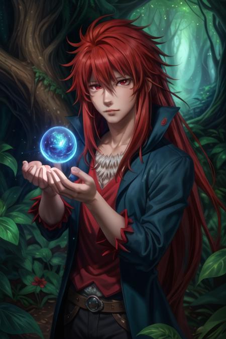 guy_crimson red eyes red hair long hair facial mark