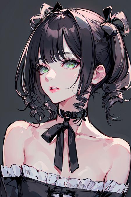 masterpiece, intricate detail,best quality,  <lora:BM94199:0.8>1girl, solo, choker, drill hair, black hair, bangs, green eyes, looking to the side, ribbon, twin drills, black ribbon, black choker, looking away, portrait, ribbon choker, parted lips, lips, grey background, short hair, blunt bangs, sketch, twintails, upper body, bare shoulders, neck ribbon