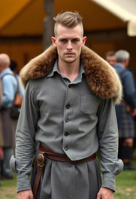 An androgynous man at a renaissance fair wearing a grey canvas kilt, wide-collared shirt, and a spotted grey vest. sealskin across his shoulders