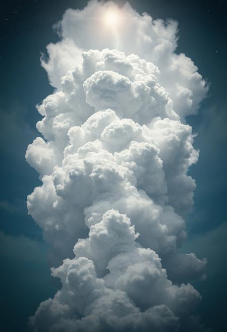 ultra hires. best quality. White Balance. light and shade contrast. depth of field. highly detailed, balanced composition. A stack of mutually and arbitrarily shifted towering clouds as separate vortexes in the sky. Their overall shape resemble a branching evil looking tree somehow.
Some stars are visible above. Flashes of lightnings highlight harassing nature of the powerful storm