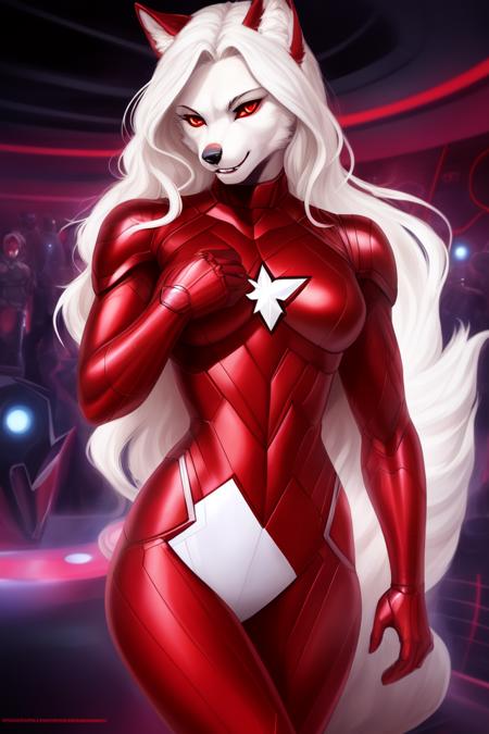 punch pose, full body shot photo of the most beautiful artwork of wolf girl in , (red glowing eyes),  captain marvel ,superhero, detailed face, detailed and beautiful eyes, slow motion, intricate detail, High Detail,, painting art by midjourney and greg rutkowski, BREAK, ( standing), captan marvel suit, red stage lights, seductive expression, full lips, (inside nightclub), (computer servers in background), terminal, toned body, [muscles], subsurface scattering, pale white skin, small breasts, full body, (wide hips), (red lips), black gloves, furry furry, female, canid,