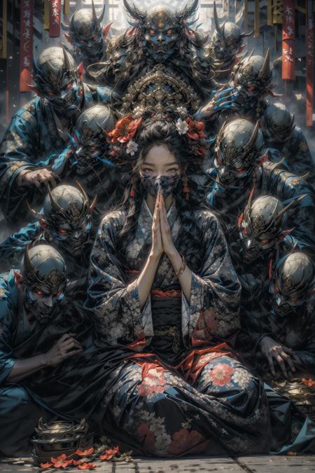 (masterpiece:1.2), best quality,PIXIV,
black hair, hair ornament, japanese clothes, hair flower, flower, kimono, mask, 1girl, sitting, long hair, own hands together, looking at viewer, 6+boys, praying, multiple boys, floral print, wide sleeves
 <lora:thousand faces_20230729115837-000018:1> <lora:zhongfenghuaxiyou:0.5> <lora:add_detail:1>