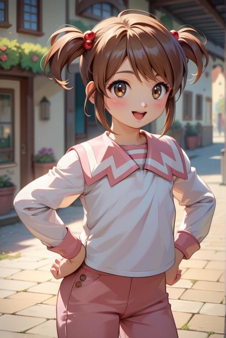 coquelicot \(sakura taisen\), brown eyes, brown hair, short twintails, white shirt, long sleeves, pink pants, brown footwear,