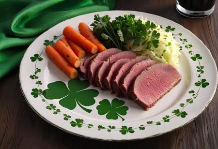 succulent corned beef, carrots and cabbage on a (white plate with shamrock pattern on the rim), glass of (Guinness beer) , showcasing the texture of the food and the festive atmosphere of the St, Patrick's day meal, 16k UHD, Commercial photography, A bright environment, Studio lighting, OC rendering, Solid color isolated platform, Professional photography, Color classification, Super detail