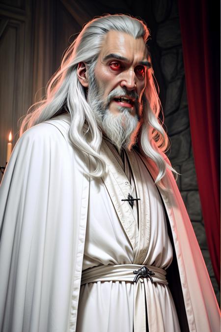 RAW photo, candid, ChristopherLee_Dracula as Saruman the White, long white hair, long white beard, white robe, vampire, red eyes, fangs, baring fangs, bloody, Lord of the Rings, Tolkein, shot by Peter Jackson <lora:ChristopherLee_Dracula_v1:0.8> <lora:XenoDetailer_v2:0.6>