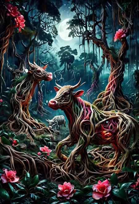 Ever Growing Connections, vibrant colors, vivid colors, cows made out of morph-treeroots, surrounded by camellias, tropical forest, moonlight, dramatic, , Masterpiece, best quality, amazing quality, volumetric lighting, SFW, exquisite detail, digital art, highly detailed, beautiful, surreal,