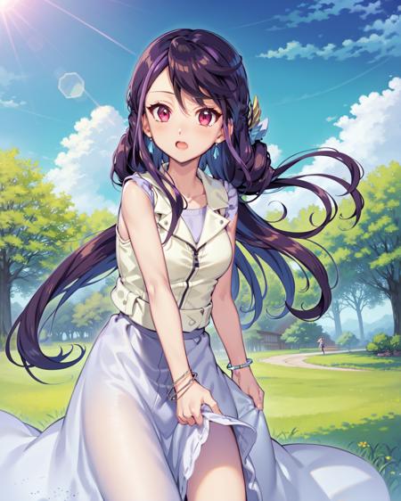 1girl, ruri, purple hair, pink eyes, sleeveless, bracelet, long hair, 
outdoors, park, grass, 
blue sky, sun, sun rays, 

<lora:Ruri v2 e6:0.9>