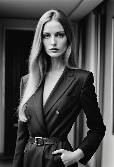 Extremely beautiful woman,very long hair, masterpiece,  1960s style portrait photograph by Helmut Newton, Rolleiflex medium format tlr