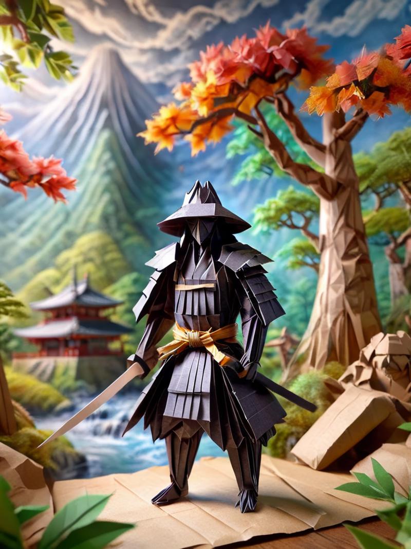 A Samurai standing in front of a waterfall and a forest.