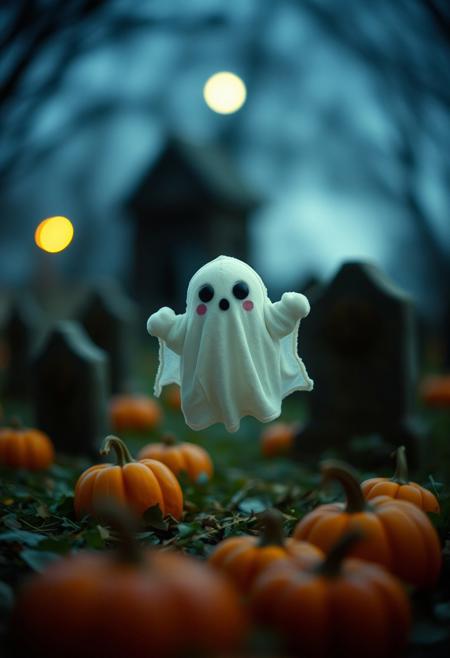 35mm photograph, film, bokeh, professional, in the graveyard sits one adorable cute plushie ghost, floating above ground, in moonlight, pumpkins, hyperrealistic, super realistic, sharp focus, 32k, (((masterpiece))) (((ultimate quality))), exquisite beauty, highiest texture resolution, photorealistic, fantasy setting, epic composition, ral-smlvltnpls