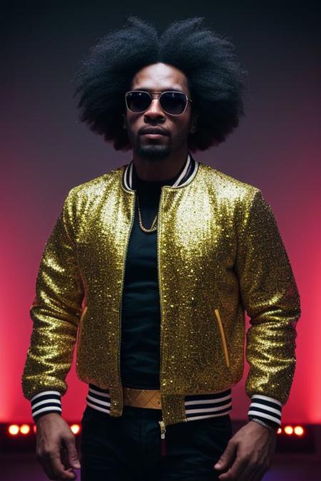 raw photo, upper body, disco, (80s, retro:1.1), dance floor, lasers, rainbow theme, a dancer man, 30 years old, sunglasses, big afro, (manly, wide jaw:1.2), dark skin, sparkly jacket, golden shirt, (vibrant colors:0.9), (muted colors, cinematic, dim colors, soothing tones:1.2