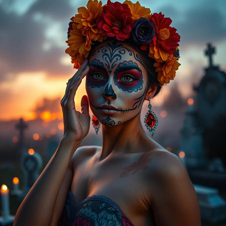 Create a mesmerizing, photorealistic  wide angle, full body image of a stunningly beautiful, athletically built,  powerful dances body, graceful, lithe, and nubile Latina woman adorned in intricate sugar skull makeup, vibrant colors reflecting the spirit of Día de los Muertos. Her expressive eyes sparkle beneath a crown of marigold and crimson flowers, contrasting beautifully against the vivid patterns painted on her face. The background is a softly blurred cemetery at sunset, casting warm golden hues that gently illuminate her features. A thick, aromatic mist lingers in the air, enhancing the magical atmosphere. Her posture is both proud and graceful, with one hand elegantly raised to touch her face, inviting the viewer into her world. Surround the scene with delicate candlelight flickering in the twilight, glowing softly against the deepening blue of the dusk sky.