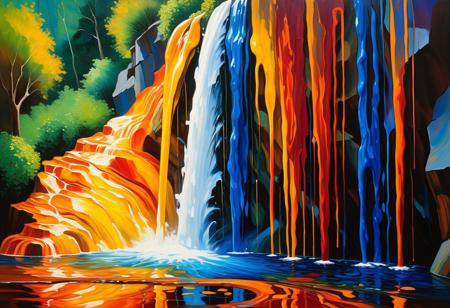 abstract, neo-expressionist, picasso, A grand waterfall, where each cascade isn't water, but thick, sumptuous oil paint dripping in bold, dramatic swirls.  Impasto brushstrokes create textured, almost sculptural drips of deep cobalt blue, fiery vermillion red, and rich ochre, cascading over ornate, craggy stone. The drips appear to be molten, pooling into viscous puddles at the base of the waterfall, shimmering with an inner light.  The stone, a mix of rough, basalt-like surfaces and smooth, polished marble, is subtly distorted and surreal, seeming to almost writhe beneath the force of the liquid paint.  Light, dramatic, and almost theatrical, the oil paint drips are illuminated by shafts of intense, almost blinding light, emphasizing the rich colors and the fluid, turbulent nature of the cascading artwork.  Swirling brushstrokes, reminiscent of van Gogh's energetic compositions, create a sense of dynamic movement and passion.  Deep shadows contrast with the vibrant hues, accentuating the textures. This is a Baroque-inspired piece, capturing the dramatic lighting and emotional intensity of great masterpieces.  The air itself seems to vibrate with the energy of the flowing, textured oil paint.  In the foreground, the painted pools collect in pools reflecting the intense colors of the cascade, refined, defined, highly detailed, 32K, follow negative prompts,