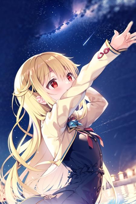 1girl, solo, long hair, star (sky), sky, starry sky, blonde hair, floating hair, night, dress, very long hair, smile, glasses, night sky, capelet, water, looking up, from side, long sleeves, red eyes, profile, arm up, star (symbol), outdoors, (masterpiece,best quality)