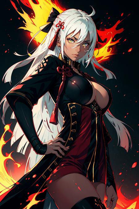 masterpiece, best quality, okita souji alter, very long hair, hair bow, tassel, arm guards, black coat, red dress, cleavage, black thighhighs, standing, looking at viewer, furrowed brow, neutral expression, cowboy shot, red background, flames, leaves, hand to hip <lora:okitasoujialter-nvwls-v1-000010:0.9>