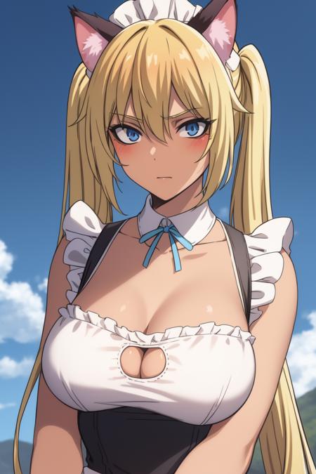 Bertrand 
<lora:BertrandV1:0.8>
((best quality)), ((masterpiece)), (detailed)
1girl, animal_ears, blonde_hair, blue_eyes, blue_sky, breasts, cat_cutout, cat_ears, cat_lingerie, cleavage, cleavage_cutout, clothing_cutout, cloud, cloudy_sky, dark_skin, day, long_hair, maid, maid_headdress, outdoors, sky, solo, sword, twintails