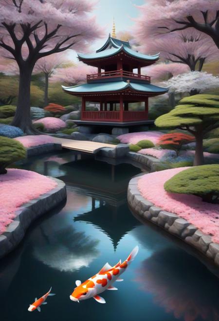 realistic Fractangles photo, crown,Prompt
A serene Japanese garden with cherry blossoms in full bloom and a koi pond.