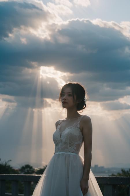 Best Quality,Masterpiece,Ultra High Resolution,(Realisticity:1.4),Original Photo,Cinematic Lighting,
1Girl,<lora:Tyndall effect-Light:0.6>,light through the clouds,wedding dress,