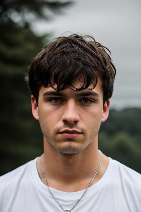 professional photo, closeup portrait photo of young man, caucasian man, short messy hair, bright blue eyes, wearing oversized white t-shirt, silver necklace, serious face, dramatic lighting, nature, gloomy, cloudy weather, bokeh