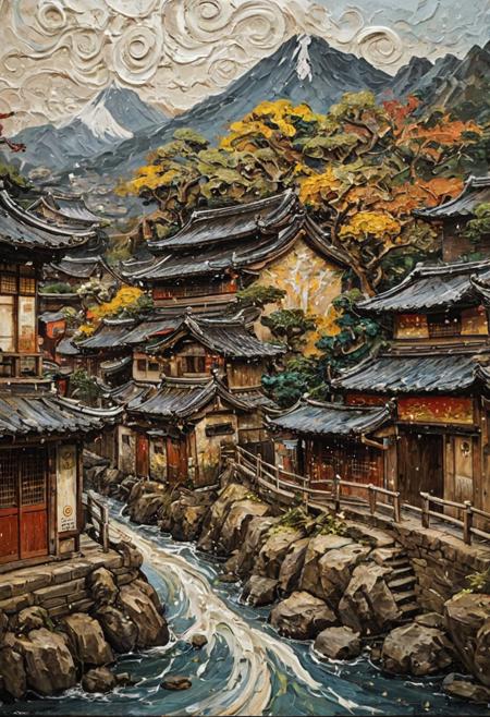 Highly textured impasto technique, where thick, bold brushstrokes are evident across the surface. The oil or acrylic paints seem to have been applied in a swirling, almost sculptural manner, giving the piece a sense of 12th century japanese village