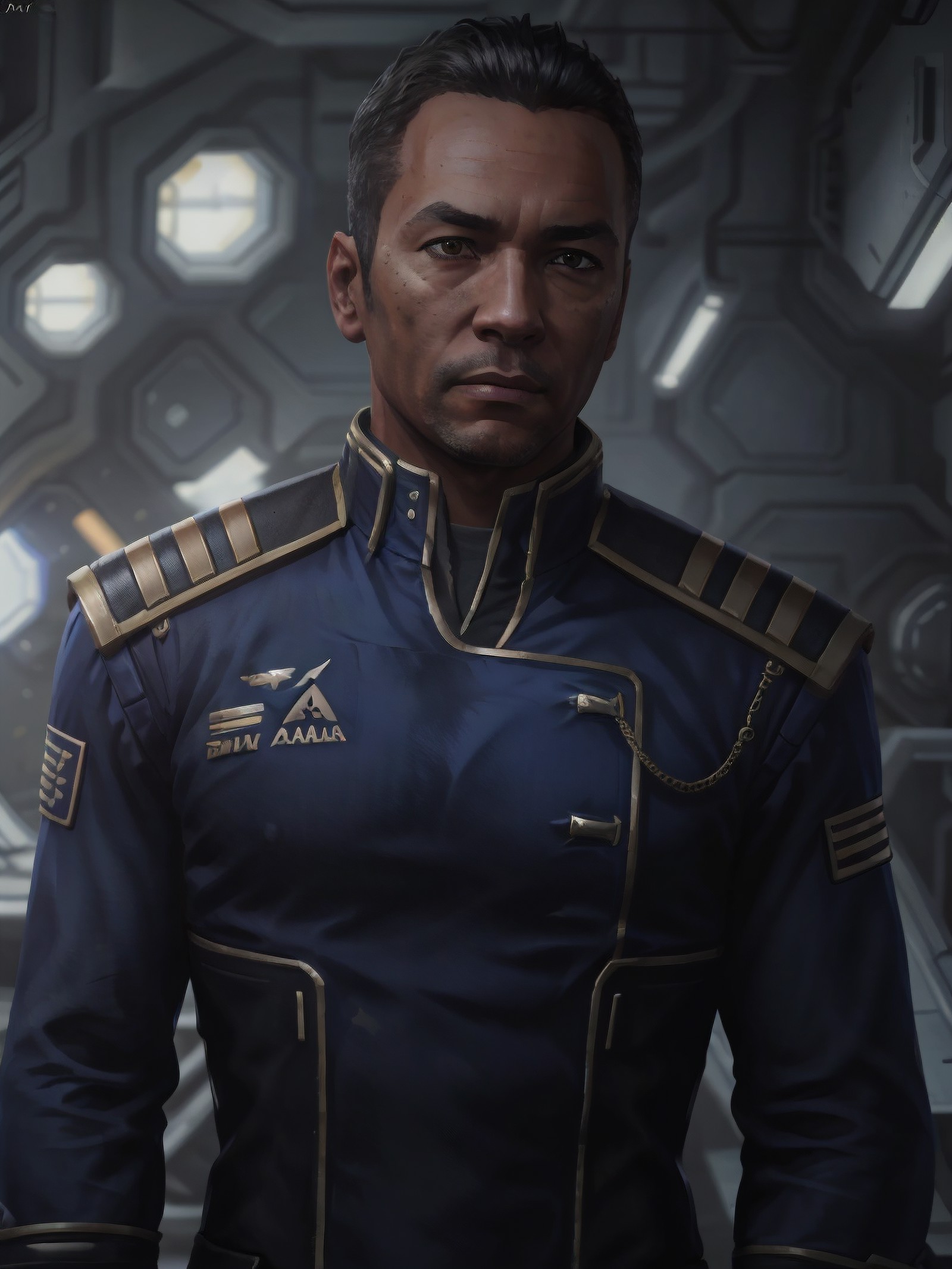 a man wearing (high rank allianceuniform) in a space station, realistic skin, dramatic lighting, ultra realistic, wallpape...