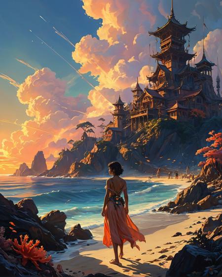 a wanderer between worlds in flowing clothes, (epic landscape:1.5),  (style Historical drawing), (style Historical painting),best quality, masterpiece, extremely detailed,  professional  art,  professional painting, an extremely delicate and beautiful, dynamic,  great lighting, perfect shading, professional shading, depth of field,   side soft light, elegant, gorgeous, highly detailed,   full shot, uncropped,   pure genious, absolutely perfect,  highly detailed, breathtaking,
image style is a mix of Postmodernism painting  , Low-Key Lighting and cinematic lighting Texture Overlay , , smooth Frank Frazetta and a mix of retrofuturism and dystopian with soft contours detail in the style of Michael Whelan , sunbeam and Gobo Lighting high contrast and Grain/Noise Texture and Gaussian Blur , , incluenced by Makoto Shinkai ,, looking at a smogy futuristic cyberpunk city from the beach at sunset, romantic walks, pulsar, beautiful light scenery, cinematic lighting, godrays, light beams ,a vibrant coral reef, with schools of fish darting between the brightly colored coral structures.,
<lora:psychedelic_trip:0.7> psychedelic trip,
<lora:EldritchRomanceIllustration1.3.1:0.5>,
<lora:- SDXL - vanta-black_contrast_V3.0:0.2>,
<lora:add-detail-xl:1>,
<lora:detailed_notrigger:1>,