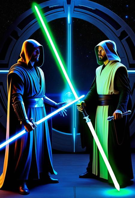 Surreal, Highly Detailed, The portal of Balance. Two Jedi Knights, one of light and one of darkness, guard a portal that emits light that combines both energies. They are connected by an aura that intertwines, representing the balance between opposing forces. All around, you can feel the vibrant energy of the universe, both have lightsabers & are ready to fight