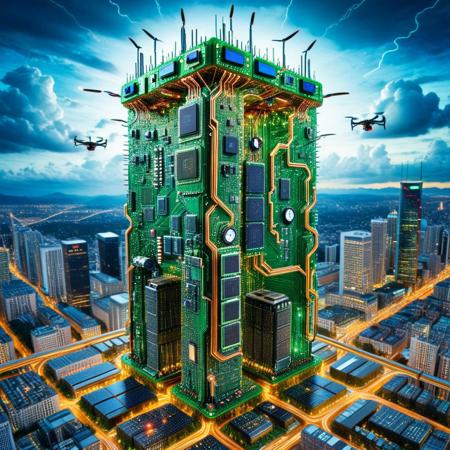 a cityscape designed as an enormous vertical motherboard, skyscrapers doubling as capacitors and regulators, metro lines flowing through LED-lit data channels, clouds shaped from solder smoke, drones flying along clock-synced lanes, pcb_style