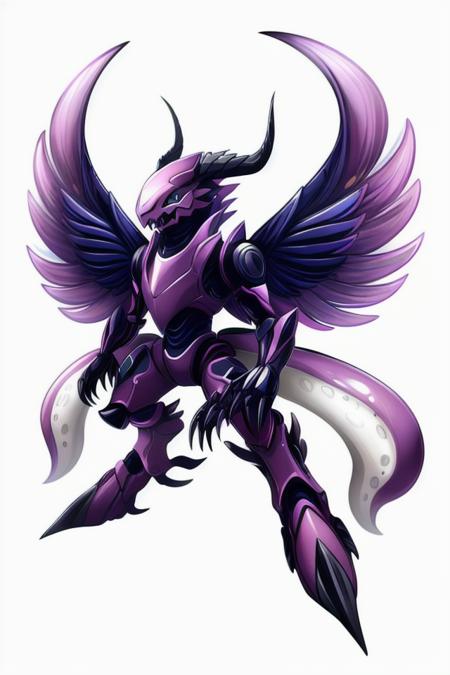 Solo, symmetry, Digimon, digimon \(species\), x-digimon, outline, white background, <lora:DigimonLoraV1:1> (Large Roaming Mycelium Moody Cephalopod,  Hoofed, Single-Tailed Forked-Tailed, Exoskeleton,  Phoenix Wings, Branched Horns Narrow Jaw Pastel)