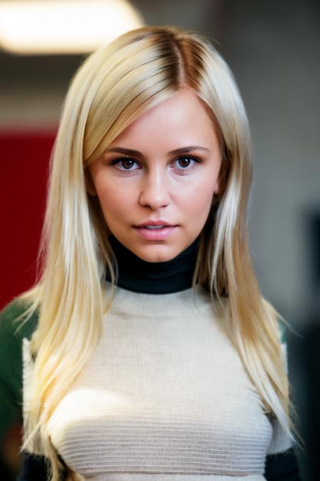 A stunning intricate full color portrait of  a blonde woman,wearing a black turtleneck,epic character composition,by ilya kuvshinov, alessio albi, nina masic,sharp focus, natural lighting, subsurface scattering, f2, 35mm, film grain  <lora:DidoA:1>