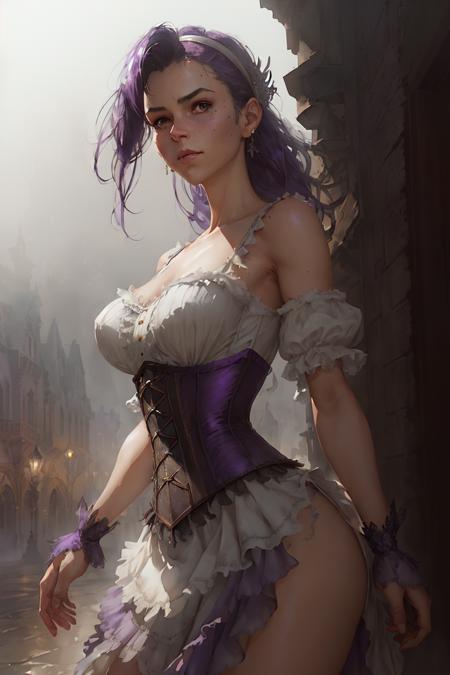 esmeralda hairband, bare shoulders, dress, puffy short sleeves, corset, purple skirt, watercolor painting by artgerm and greg rutkowski, (foggy background, epic realistic, rutkowski, hdr, intricate details, hyperdetailed, cinematic, rim light, muted colors:1.2)