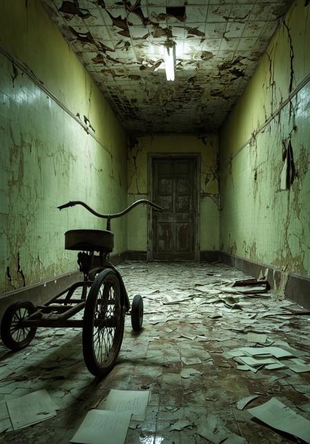 liminal horror, eerie atmosphere, highly detailed, abandoned indoor space, endless fluorescent-lit hallway, flickering lights, stained yellowed wallpaper, peeling paint, cracked tiles, scattered papers on floor, rusted tricycle tipped over, faint creaking sound, surreal element, muted color palette, pale greens, grays, cinematic lighting, ultra-detailed, high contrast, dark horror, SDXL optimized, best quality