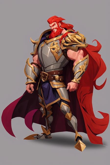 concept art, european and american cartoons, game character design, male focus, 1boy, armor, solo, gray background, long hair, standing, red hair, full body, breastplate, shoulder armor, simple background, facial hair, muscles, beard, belt, looking at the audience, shut up, smile, muscular male<lora:oukaV5:0.8>,