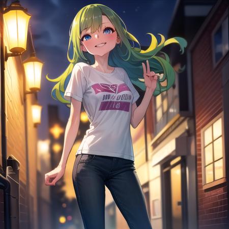 (masterpiece), 1girl,  <lora:yamada_gotyui_style:1.2>, green hair, long hair, blue eyes, smile, wind, night, pants, t-shirt,