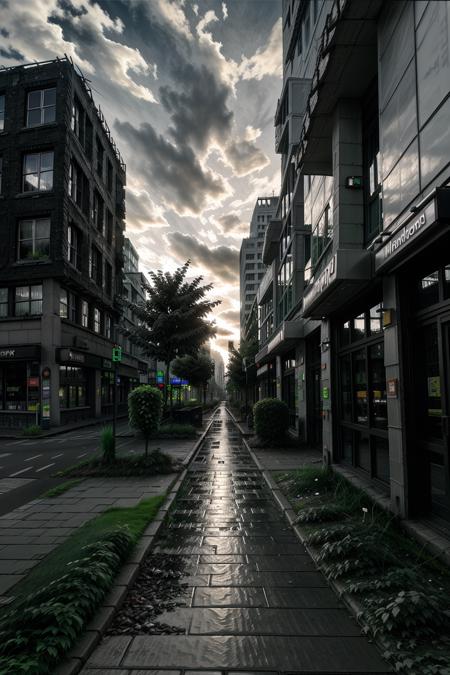 monochrome, outdoors, sky, day, artist name, cloud, signature, tree, no humans, window, night, leaf, traditional media, grass, plant, building, scenery, rock, city, sign, road, cityscape, ruins, lamppost, street, skyscraper, rubble, pavement, real world location