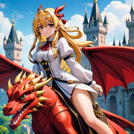 1girl,solo,anime,close to viewer,looking at viewer,a elegant girl,witch,mysterious,riding a flying red dragon,golden long hair,white thighhigh,flying over the castle,(embedding:unaestheticXLv13.safetensors:1.2),(embedding:negativeXL_D.safetensors:0.8),(masterpiece,best quality,ultra_detailed,highres,absurdres:1),(masterpiece, top quality, best quality, beautiful and aesthetic),ultra-detailed,an extremely delicate and beautiful,beautiful detailed face,clear face,best illustration,extremely detailed eyes and face,amazing,detailed and intricate,Highest image quality, beautiful delicate background,beautiful detailed glow,