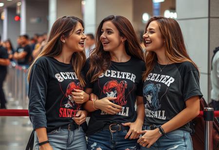 three beautiful women friends, 18yo, waiting impatiently in line for a famous female singer's rock concert, excited, wearing fan shirts, touching, holding, chatting, bodies in motion, mouths open, eyes glittering